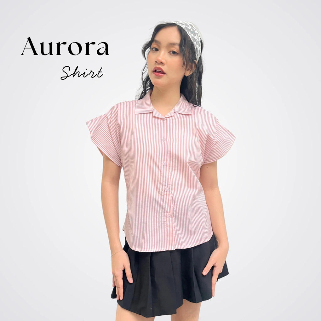 Neva Style - Aurora Shirt Kemeja Wanita Kekinian Katun Stripe Lengan Pendek Tali Pinggang Fit body