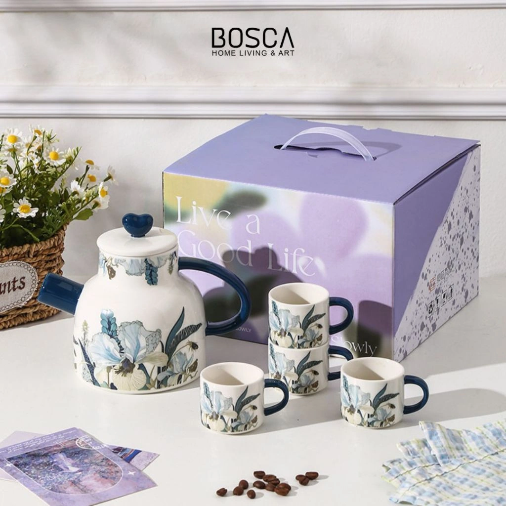 Bosca Living - Floral Herming Chinese Tea Set isi 6 Pcs / Tea Set Hampers Gift Box Kado / Chinese New Year Hampers Souvenir / Satu Set Teko dan Gelas Teh / Cangkir Mug