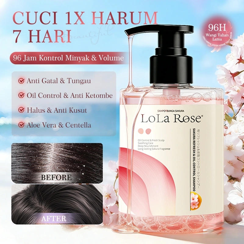 Sakura Shampoo Anti Ketombe & Anti Lepek |  Membersihkan Kulit Kepala Dan Rambut | Mengurangi Gatal Kulit Kepala | Mengurangi Minyak Rambut | Membuat Rambut Lembut dan Berkilau | Long-Lasting Sakura Perfume | Centella & Aloe Soothing Care | LOLA ROSE