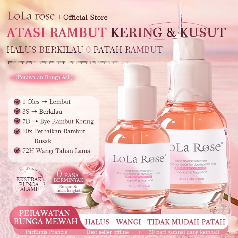 Lola Rose Sakura Smooth Hair Oil Serum | Anti Frizz Anti Patah | Heat Protectant Untuk Rambut Kering, Rusak Atau Kusam | Anti-Frizz Hair Vitamin (All Hair Type) | Hair Treatment Rusak Serum Formulasi Anti Lepek & Anti Lengket