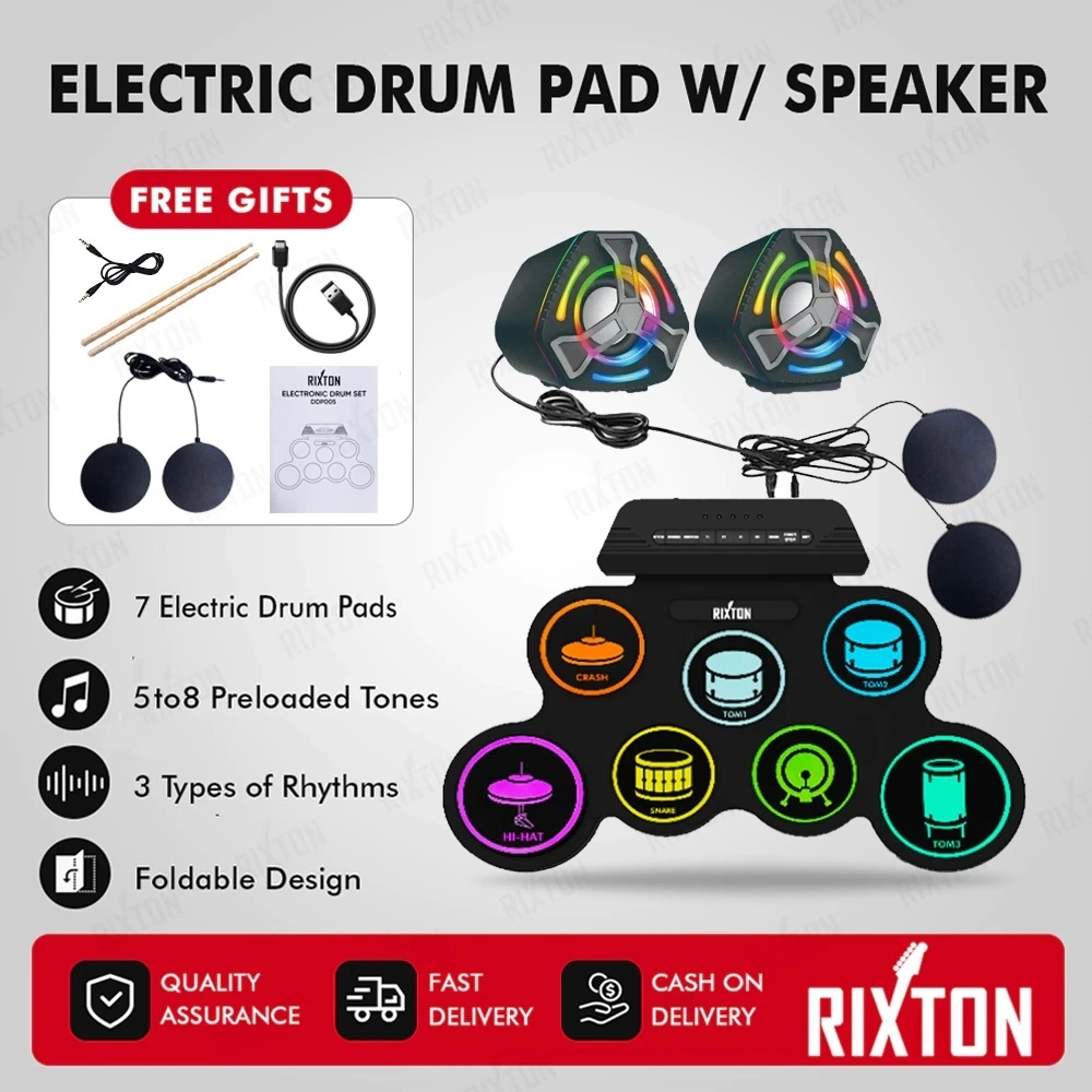 RIXTON Portable Electric Drum Pad Digital Drum Silicone dengan Stik Drum dan Pedal Kaki Sustain
