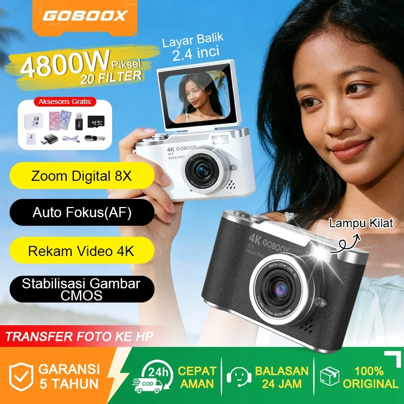GOBOOX Layar Balik Digicam 48MP 8X Zoom Kamera Digital Mini 4K Vlog With Lampu Kilat Anti Goyang Filter Puzzle Games LCD 2,4 Inci Kamera Pocket (Free：16G*1 Card Reader*1 Adaptor*1 Stiker*2 Tali*1)