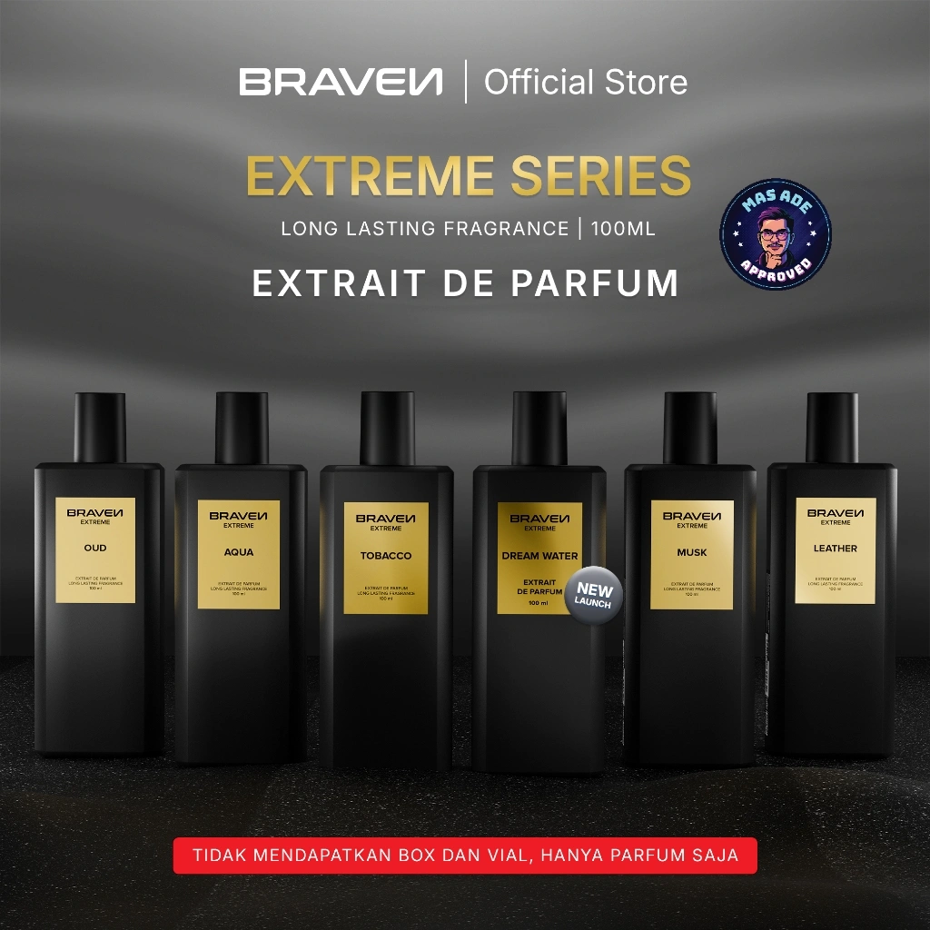 Braven Extreme Series Extrait De Parfum 100ML | Parfum Perfume Minyak Wangi Wanita Pria Tahan Lama - Oud / Tobaco / Aqua / Musk / Leather / Dream Water