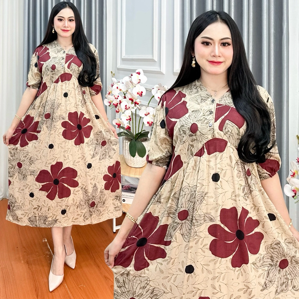 Dress Marisa Rayon Motif Kekinian Panjang Semata Kaki Bumil Busui Friendly