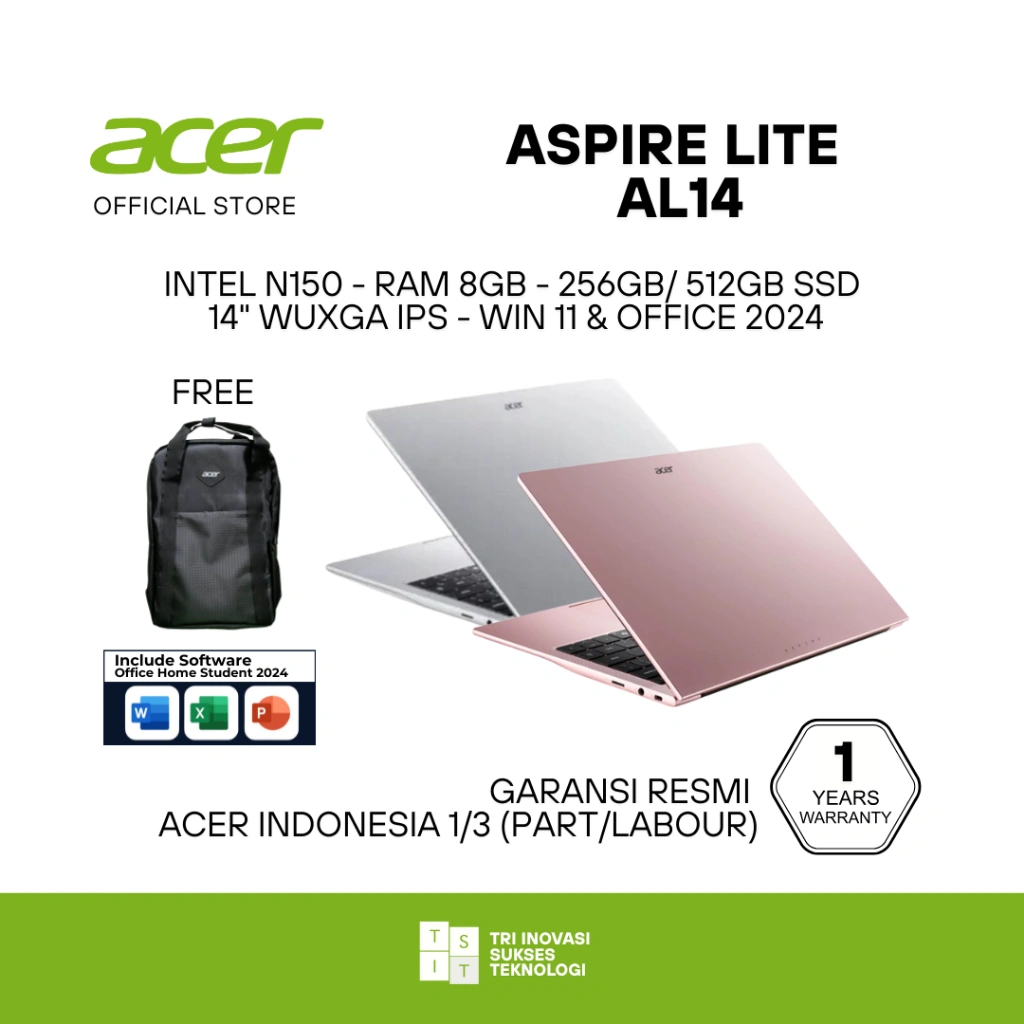 [ Laptop Pelajar ] ACER Aspire Lite AL14 Intel N150 Ram 8GB SSD 256GB/512GB 14" IPS Win11 Office24