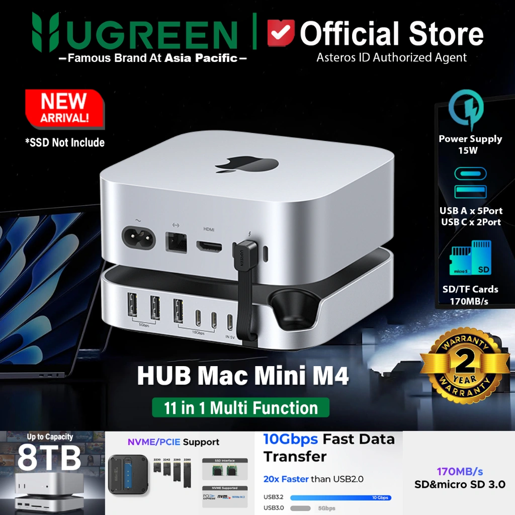 UGREEN HUB 11in1 Mac Mini M4 Type C Docking Station with M.2 SSD Enclosure Case 8TB USB3.2 10Gbps SD3.0 TF Cards 65487