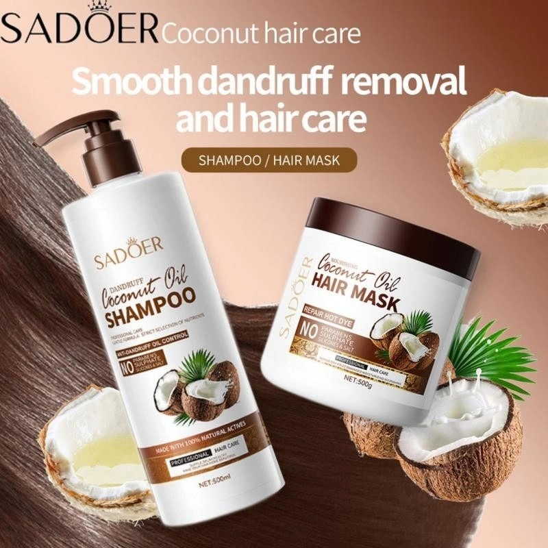 SADOER Coconut Shampoo 500ml + Coconut Oil Hair 500g Mask Anti-Dandruff Repair Damage Hair Dry Hair Care Control Oil Penghilang Dan Gatal Psoriasis Kulit Kepala Oil Control Kulit Kepala Gatal Shampoo Rambut