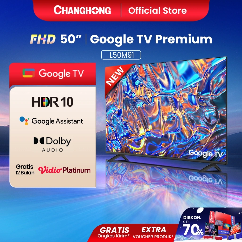 Changhong TV 50 inch FHD Google Smart Digital TV Dolby Audio DBX-TV Google Play Netflix Youtube Bluetooth USB Google Assistant (L50M91) TV 50 Inch Changhong