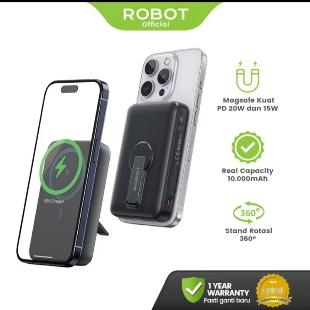 Robot RT15 Powerbank Magnetic Magsafe Kuat 10N PD 20W Fast Charging 10000mAh Garansi 12bulan