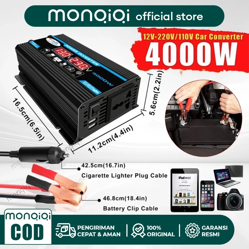Monqiqi Power Inverter Digital 4000Watt Inverter DC To AC Inverter 4000W DC 12V Ke AC 220V Dengan Dual Port USB 2.1A Inverter Pengisi Daya Mobil Dengan