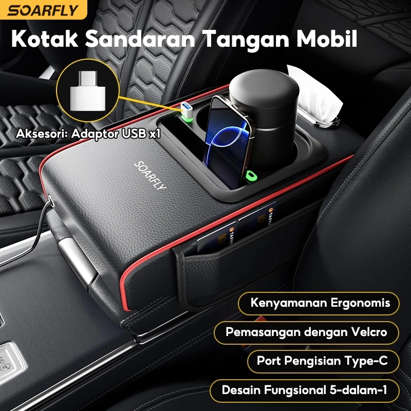 SOARFLY Versi Yang Ditingkatkan Armrest Pad Mobil Kotak Dengan port pengisian daya USB Tisu Mobil Tempat Botol 5 In 1 / Console Box Storage / Cover Tisu Premium