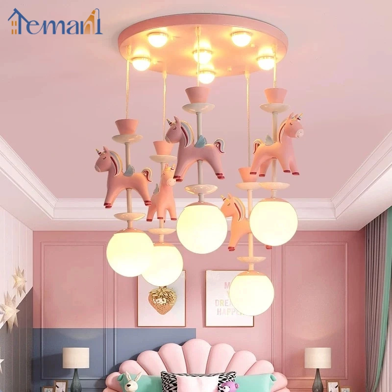 Lampu Gantung Kamar Tidur Unicorn Hanging Lampu Hias Gantung Anak  6Head 3warna Putri Kamar Gadis Plafon Kartun Kamar Tidur Ruang Tamu ate