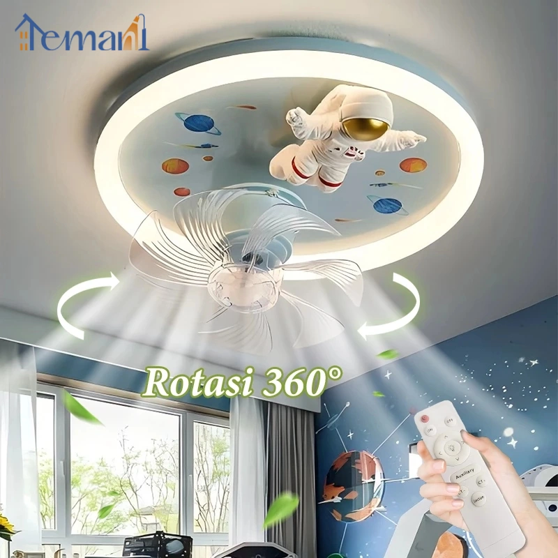 lampu kamar anak Lampu Kipas Angin Gantung Plafon Remote 360°Pelindung mata Keamanan Kawatnya kuat Astronaut 3 Warna LED Toko Permainan Arkade Toko Kamar Tidur Toko Kamar Anak 120cm*48cm bte