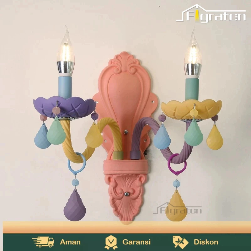 Lampu Dinding Lampu Hias Kristal Rainbow Macaron Putri Kamar Gadis Kartun Kamar Tidur Ruang Tamu Pelindung Mata Anak Lampu E14 YFI