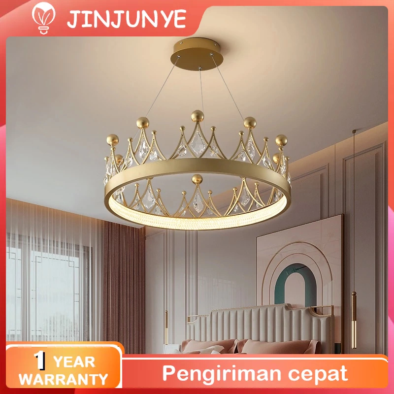 Lampu Gantung Modern Bentuk Mahkota Lampu Gantung Ruang Tmau/Kamar Tidur Anak/Ruang Makan Lampu Gantung Hias Kristal Emas (3Warna Lampu) EWI