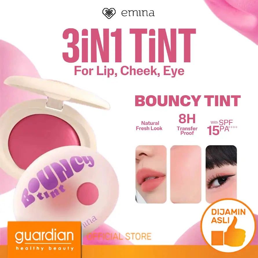 Emina Bouncy Tint 3 in 1 Lip, Cheek, & Eye - Blurry Lip Color, Lasting Stain, dilengkapi dengan SPF 15 PA+++, Marshmallow Mochi Pudding Longlasting Blush On Lip Tint Eye Shadow 7.4Gr