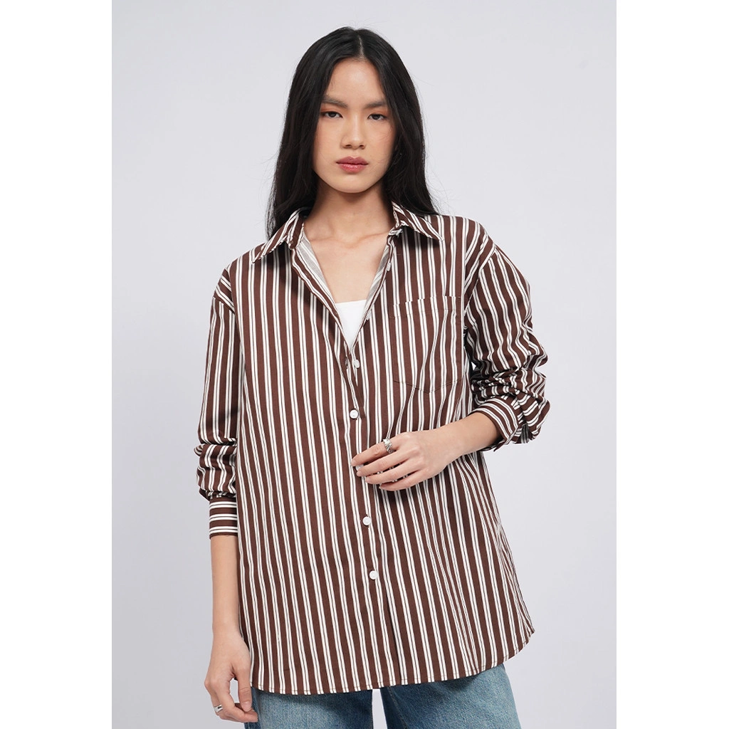 Executive Oversized Long Sleeve Stripe Shirt Brown