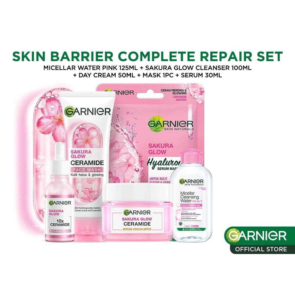 GARNIER Paket Skincare 1 Set Lengkap Sakura Glow Ceramide Skin Barrier Complete Set Hydrating | Serum Hydration Day Cream Micellar Water Facial Wash Masker Wajah Face Wash