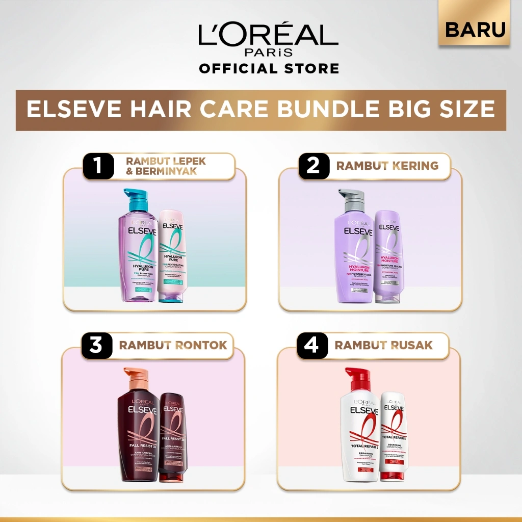 [PAKET HEMAT 2PCS] Elseve Hair Care Shampoo + Conditioner | Perawatan Rambut Kering, Rontok, Rusak, Lepek & Berminyak | Hair Treatment for Dry, Damaged, Hair Loss, Greasy, Oily | Hyaluronic Acid | Salicylic Acid | Ceramide