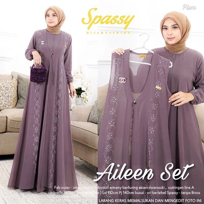 Baju Gamis Wanita Muslim Aileen Set Maxy Fashion Perempuan Dewasa Remaja Cewek Putri Ibu Modern Terbaru Pakaian Setelan Dress Muslimah Busana Pesta Kondangan Modis Kekinian Inner Maxi Busui Ceruty Babydoll Furing Polos Outer Rompi Swaroski Cantik Bisa COD