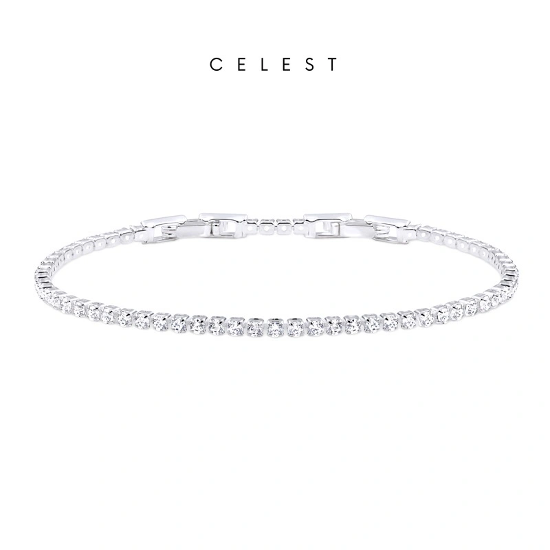 Celest - Two Prong Silver Tennis Bracelet Jewelry (Adjustable) | Gelang Emas Asli 18K Bersertifikat | Perhiasan Lapis Emas 18 Karat Gold Plated | Kado Aksesoris Pernikahan Anniversary Ulang Tahun | Gift Box Mewah