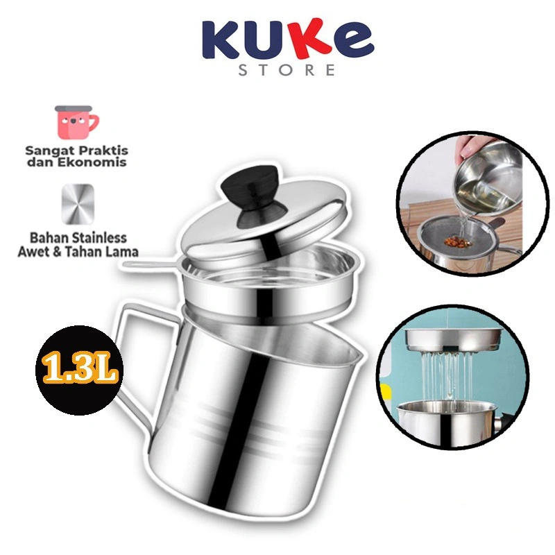KUKE Oil Pot Wadah Saringan Minyak Stainless Steel 1L / Gelas Saringan Minyak / Tempat Saringan Minyak