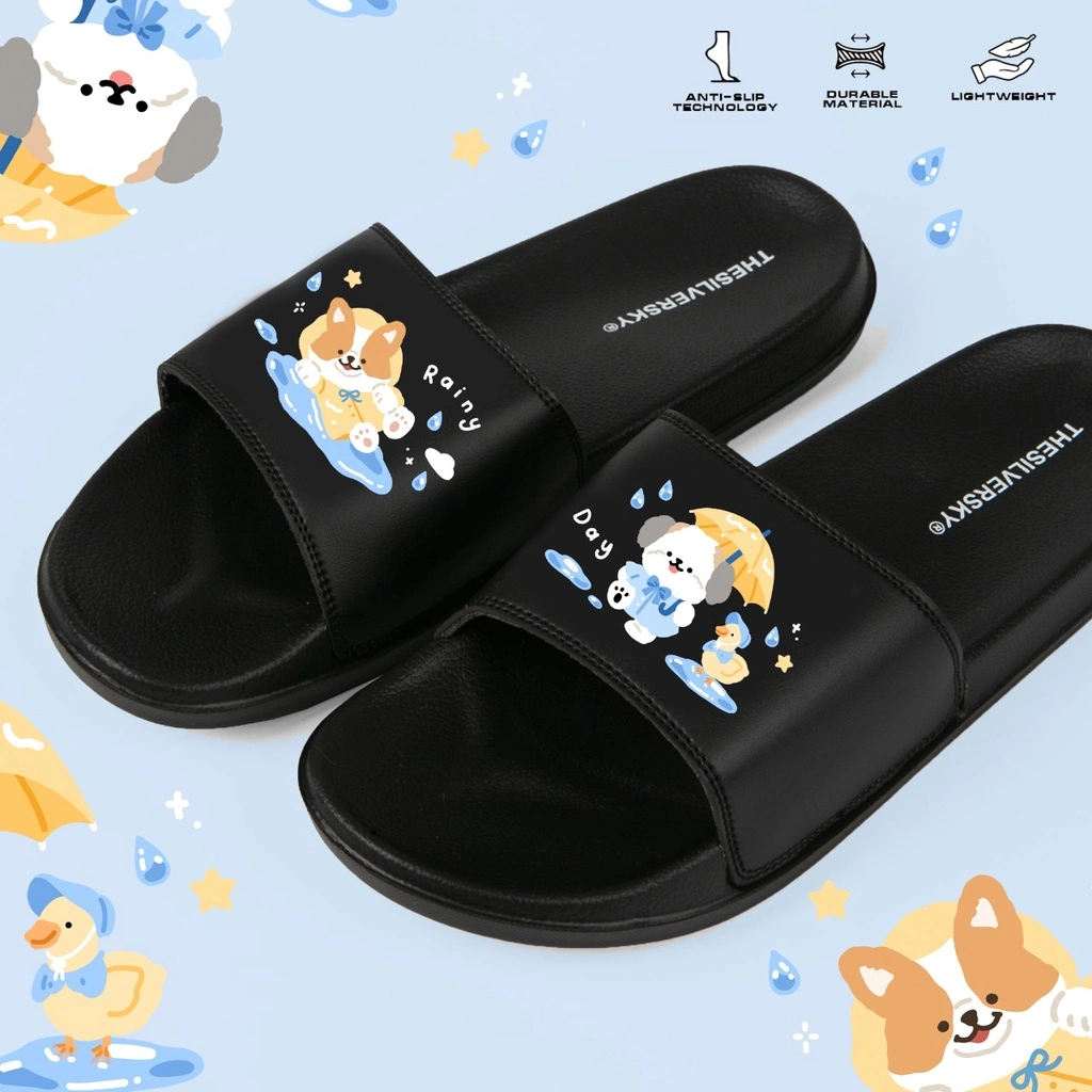 Thesilversky Rainy Corgy Shihtzu Duck Black Slides Premium Slip On Kids Adult Korean Sandals