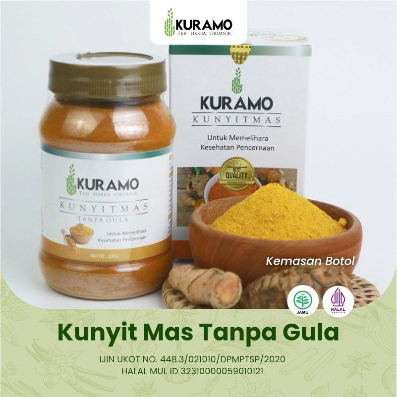 Serbuk Kunyit Mas Tanpa Gula Teh Jamu Herbal Kuramo 100gr Obat Sembelit Gerd Asam Lambung Kembung Kemasan Botol