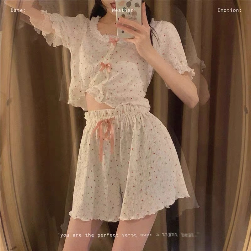Piyama Sweet Import Set Baju Tidur Baju Celana Pendek Sexy Putih Bunga Baju Rumah