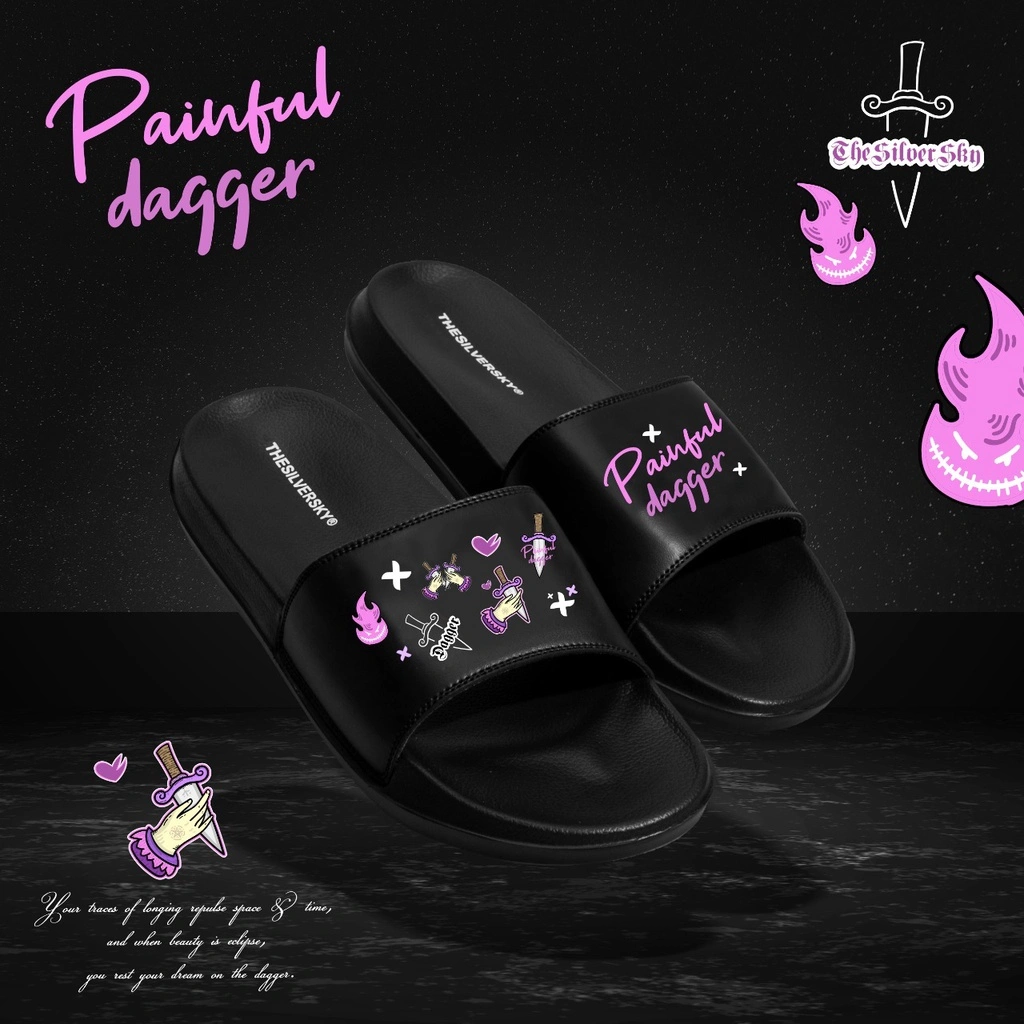 Thesilversky Painful Dagger Black Slides Premium Slip On Kids Adult Korean Sandals
