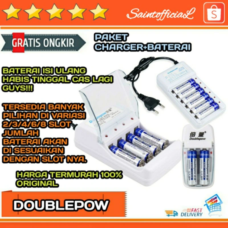 Paket Baterai + charger AA dan AAA Rechargeable DOUBLEPOW  Batre Battery Cas isi ulang murah