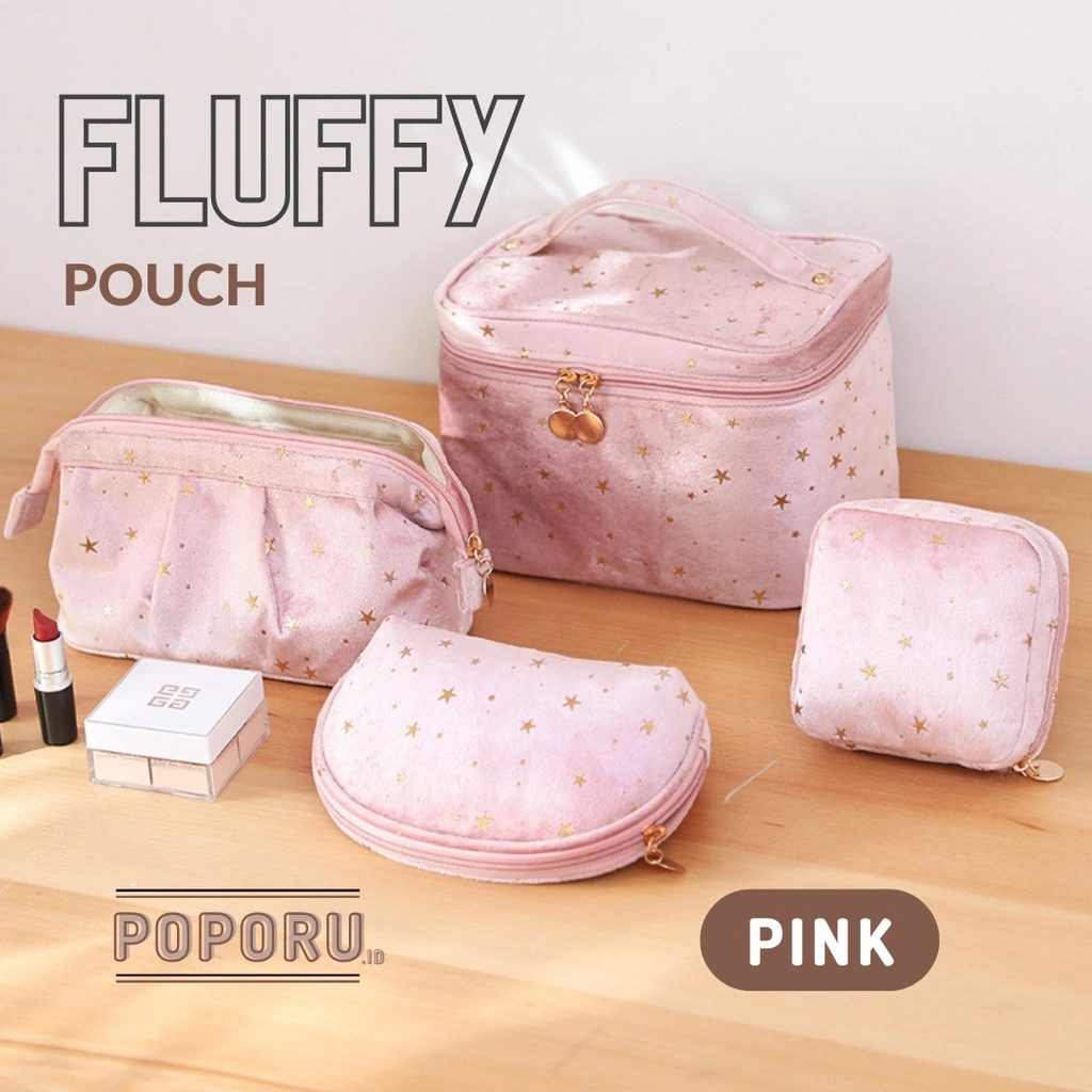 POPORU FLUFFY pouch 4 types - cosmetics bag organizer for make up - tas tempat kosmetik brush - bintang flannel pastel
