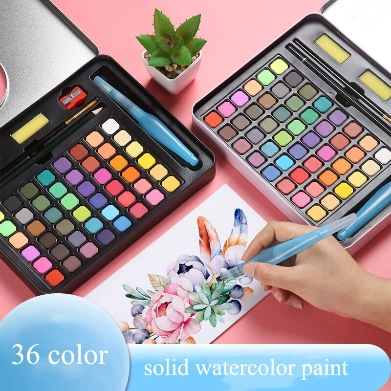 Cat Air 36/48 Warna Watercolor Set Alat Cat Air (termasuk kuas dan kertas gambar) Watercolour Water color Melukis Alat Lukis solid watercolor