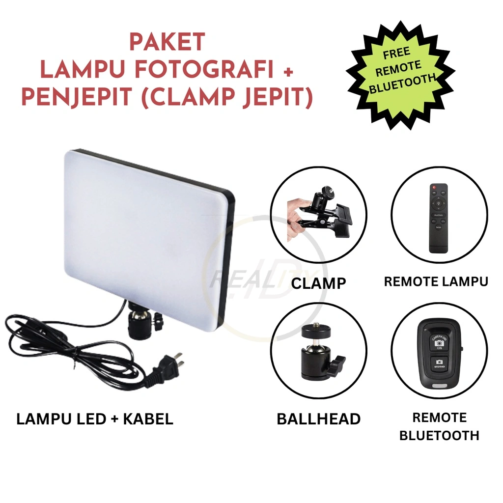 [PAKET] LAMPU FOTOGRAFI MM 240 DENGAN PENJEPIT CLAMP JEPIT BONUS REMOTE BLUETOOTH LAMPU MUA KONTEN KREATOR PHOTOGRAPHY TOMSIS WIRELESS / LAMPU FOTO STUDIO / PHOTOSHOOT MUA / BACKGROUND LIGHTING