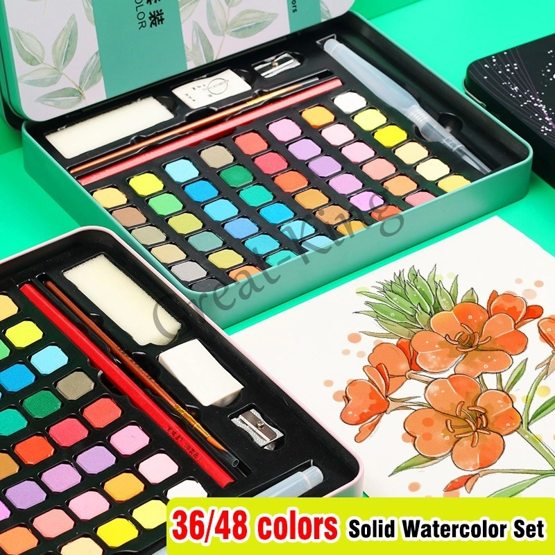 36/48 cat air Watercolor set - Set Alat Cat Air (termasuk kuas dan kertas gambar)
