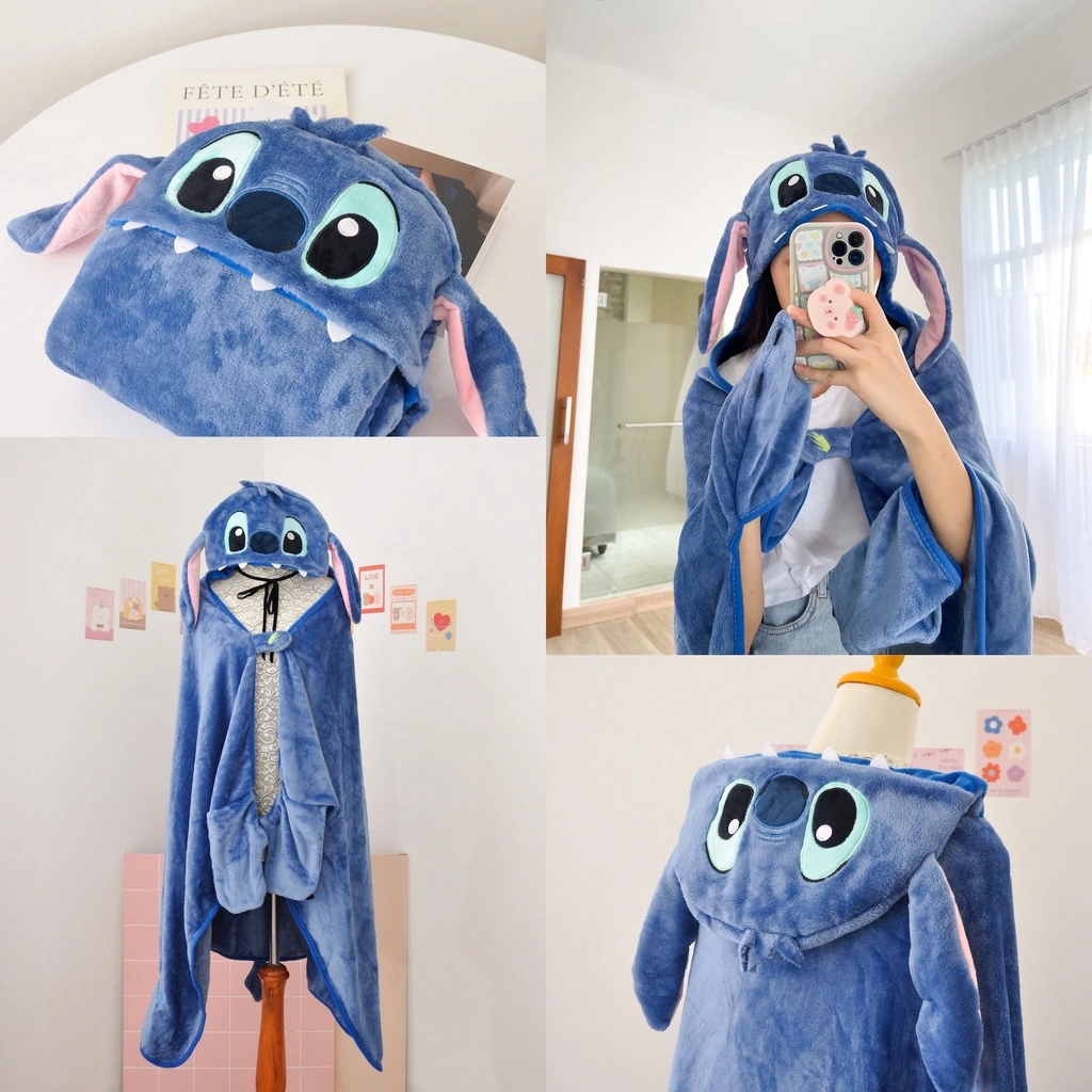 BALMUTLUCU | Selimut Hoodie Karakter Stitch Ada Sarung Tangan | Jubah Selimut Anak Dewasa Lucu