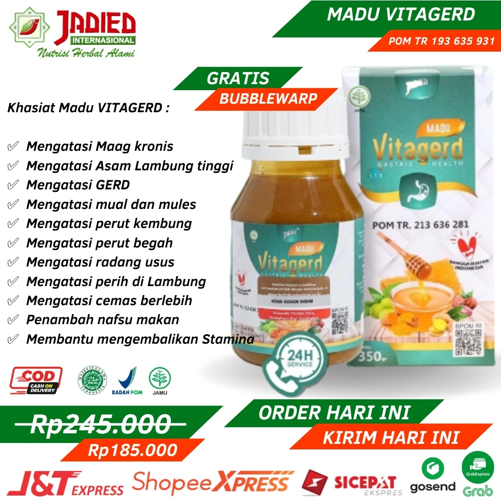 Madu VITAGERD Asli Herbal Obat GERD dan Asam Lambung Original dengan Gejala Susah Tidur Sakit Kepala Kleyengan Tenggorokan Sesak Perut Dada Panas Punggung Linu Panik jantung Berdebar