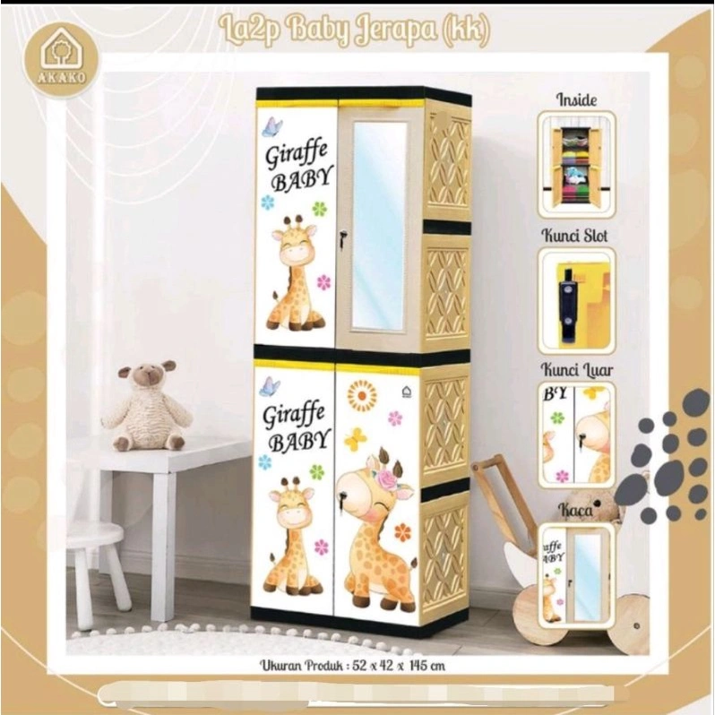 AKAKO - Lemari Anak Printing 2 Pintu Susun 4 Jumbo Gantung + Rak + Kunci + 1 Kaca Cermin