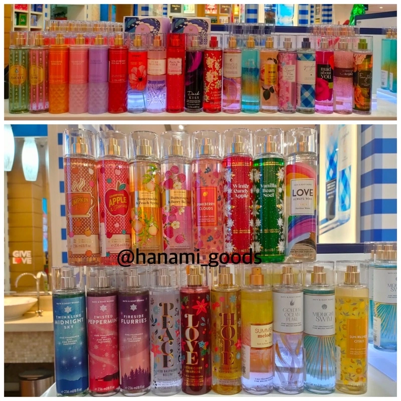 BBW Bath and Body Works Body Mist 236ml : A Thousand Wishes / Warm Vanilla Sugar / Dark Kiss / Mad About You / Dark Kiss / Dahlia / Perfect Peony / Midsummer Dream / Rose / Japanese Cherry Blossom / Sweet Pea / Gingham