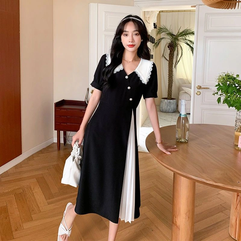 DRESS JUMBO -  ZLORE - #DR62 BUMIL FRIENDLY Dress Cheongsam Kerah Modern Hitam Putih Plisket