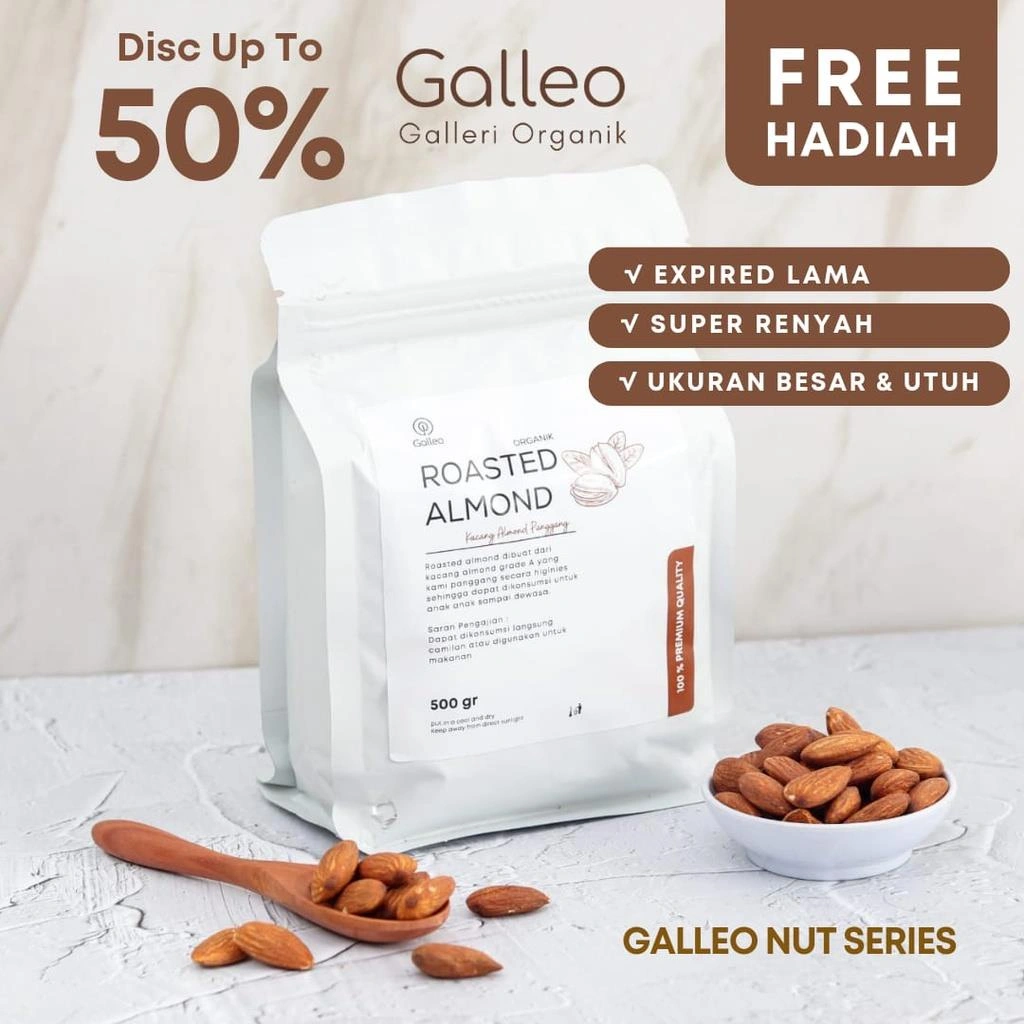 KACANG ALMOND PANGGANG 500 GR / ROASTED ALMOND GALLEO GALLERI ORGANIK