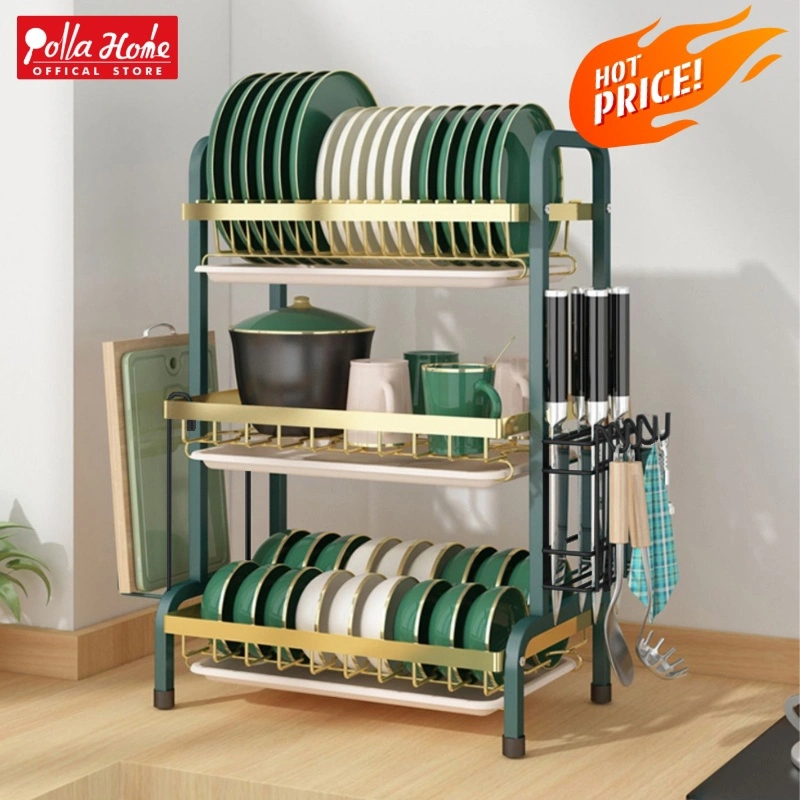 Ollahom Rak Piring Dapur Stainless Steel Penyimpanan Rak Pengering Piring Rak Mangkuk Piring
