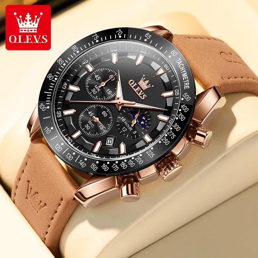 OLEVS Jam Tangan Pria Original Anti Air Kulit Tahan Keren Led Hitam Luxury Chronograph Watch Men Multifungsi Cod Model 9957