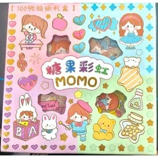 MOS STIKER MOMO RAINBOW 4 WARNA ISI 100 LEMBAR / BOX WATERPROOF PET STICKER LUCU VIRAL