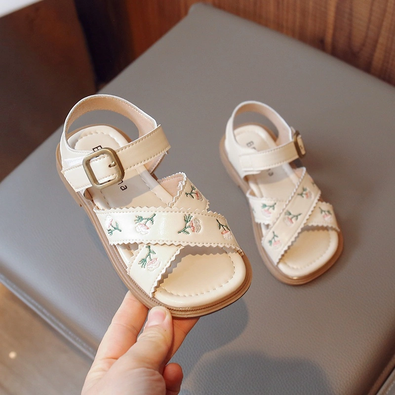 Sandal Tali Silang Anak Perempuan Ruffle Gaya Korea Bordir Bunga Kulit Lembut Sol Lembut Sepatu Anak Usia 3-16 Tahun