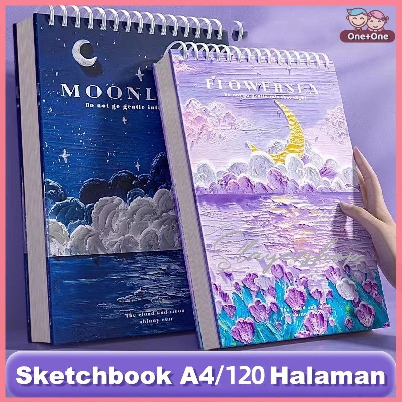 [120 Halaman]One+One Sketchbook A4 Aesthetic Buku Gambar Vertikal Jilid Spiral 60 Lembar/120 Halaman 630GSM