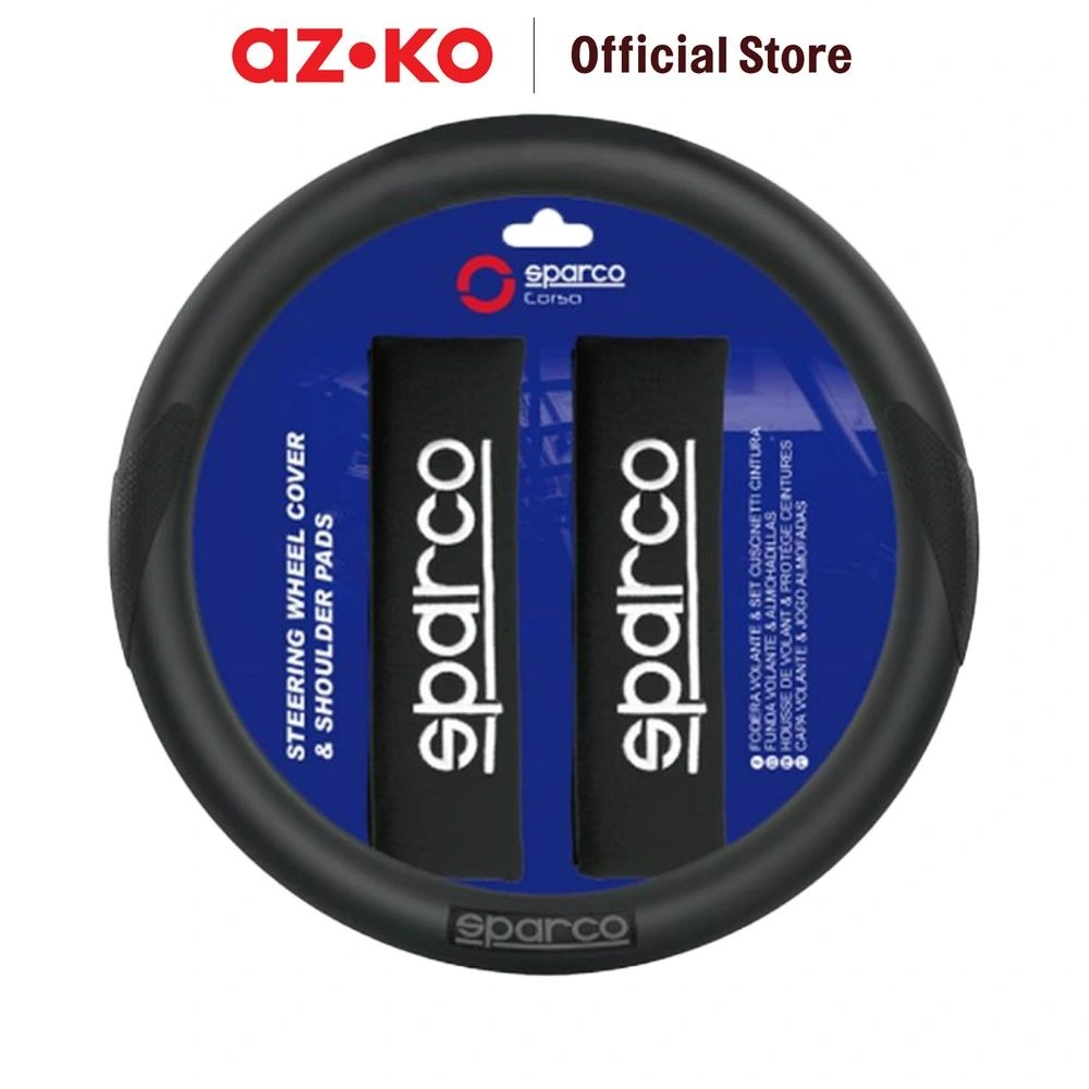 AZKO Sparco Set 3 Pcs Sarung Stir Mobil & Bantalan Bahu - Hitam Steer Cover Aksesoris Interior Mobil Case Setir Dekorasi Mobil
