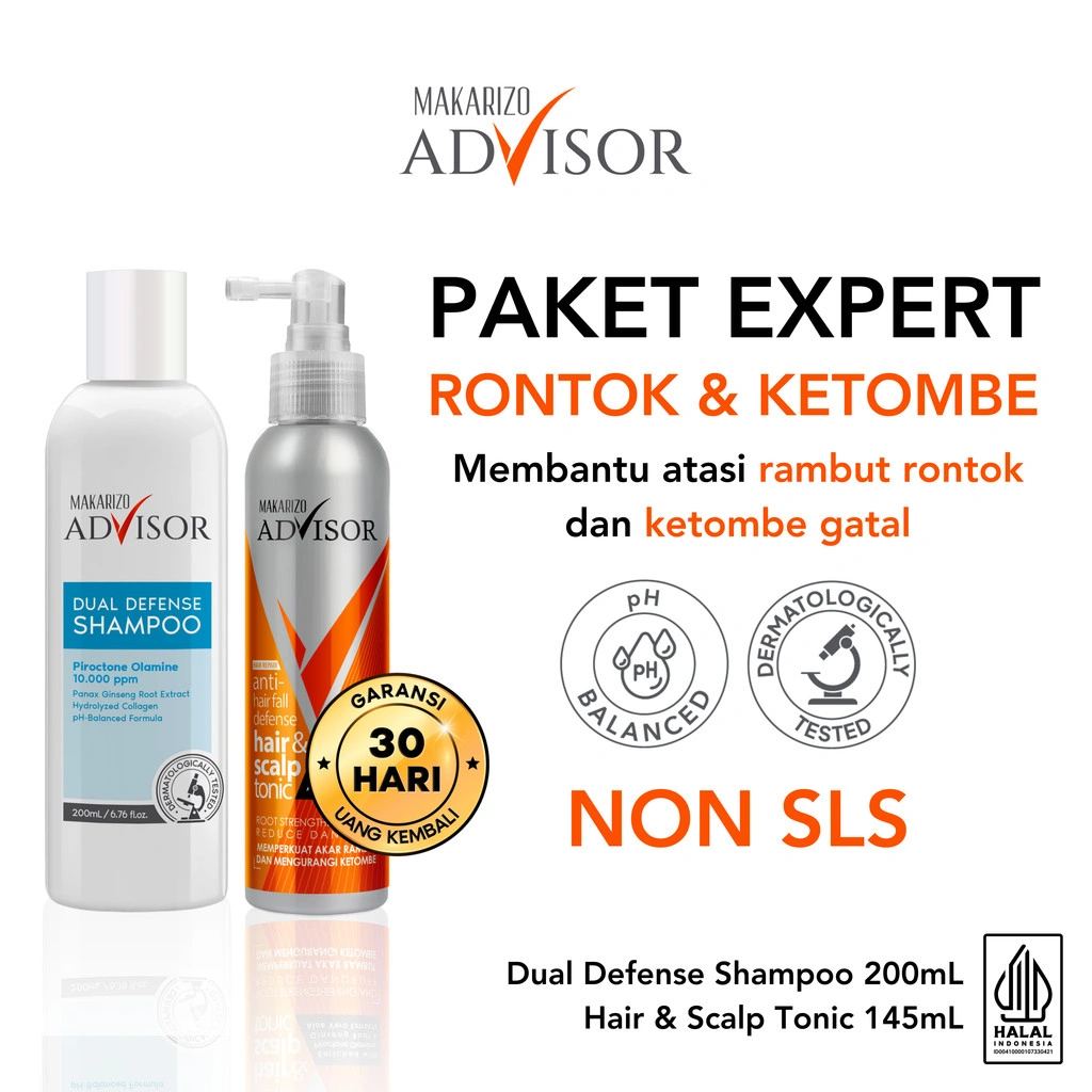 PAKET EXPERT RAMBUT RONTOK & KETOMBE - Makarizo Advisor Dual Defense Shampoo + Hair & Scalp Tonic