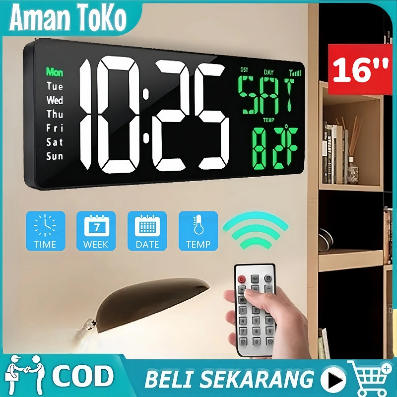 Jam Digital LED Besar / Smart Clock / Kalender Alarm Clock Weker Timer Countdown Smart Watch Suhu Temperatur / Jam Tampilan Layar Besar 13/16 inci Jam Digital Nordik Jam Dinding Ruang Tamu Jam Dinding