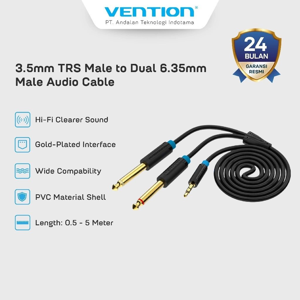 Vention Kabel AUX Splitter 3.5mm Male to Dual 6.5mm Male Jack Audio Cable PVC Braided 0.5M 1M 2M 3M 5M 10M- BAC BAR